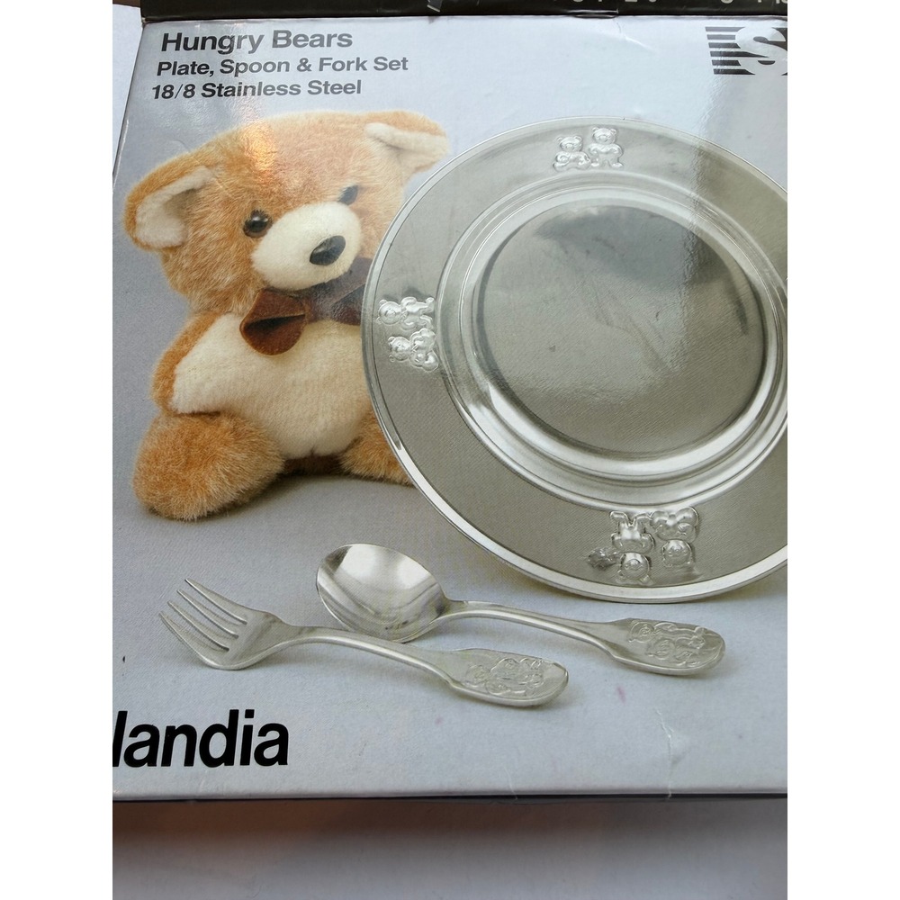VTG Selandia Hungry Bears Plate Spoon Fork Set Baby Gift Made in Japan New! - Picture 3 of 10